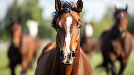 A majestic brown horse gazes directly at the camera amidst a blurred herd in a lush green field under a clear blue sky : Generative AI