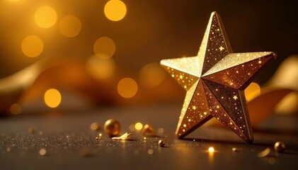 Gilded star ornament against rich gold backdrop, shiny, ornate, glitter
