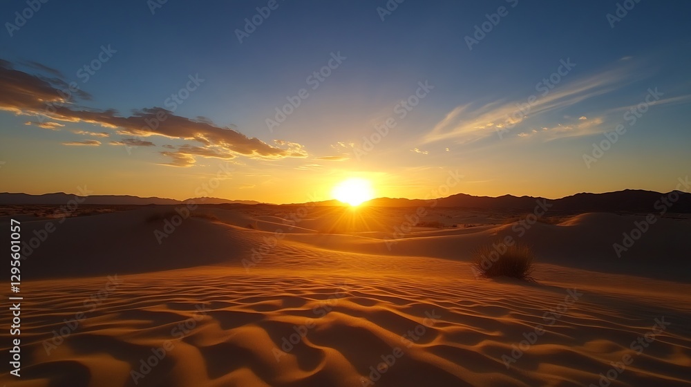 Poster stunning sunset over tranquil desert dunes with beautiful blue sky and soft sand patterns : generati