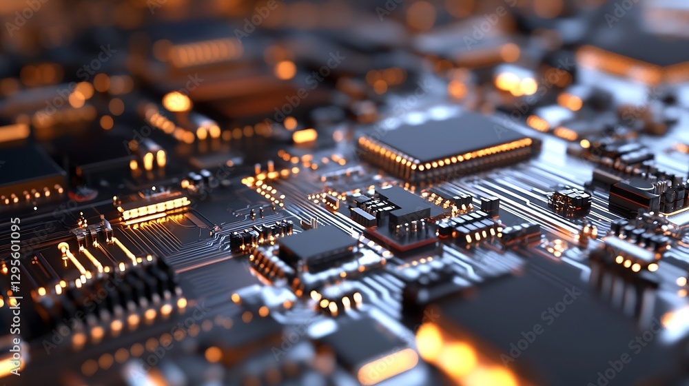 Aufkleber Detailed View of High Tech Computer Circuit Board with Lights and Components : Generative AI