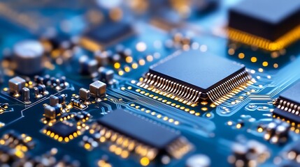 Obraz premium Close up view of a computer circuit board showcasing microchips and electronic components : Generative AI