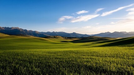 Obraz premium Expansive Green Fields Under Bright Sky with Beautiful Mountains in the Distance at Sunset : Generative AI