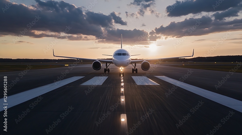 Poster Airplane Preparing for Takeoff on an Empty Runway at Sunset : Generative AI
