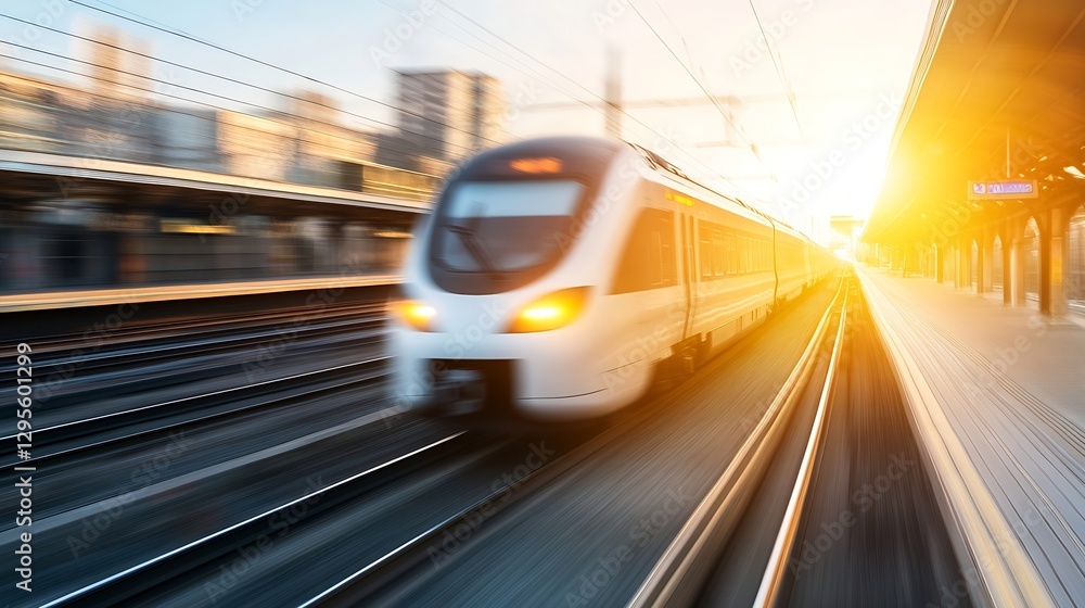 Poster fast moving train blurring past a train station at sunset with warm colors and dynamic atmosphere : 