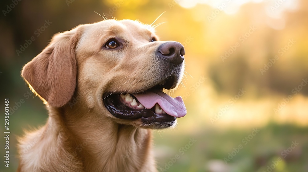 Poster happy golden retriever dog portrait in natural light with a beautiful soft background and warm color