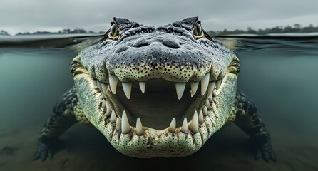 Fototapeta premium Close-Up of Alligator with Teeth Exposed in Water, Capturing Raw Nature and Wild Animal Behavior in an Overcast Environment