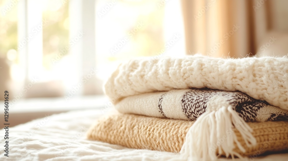 Poster cozy neatly folded knit blankets on a bed with soft natural light : generative ai