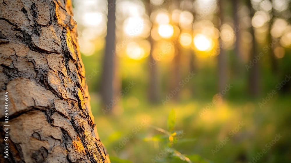 Poster Bokeh Sunrise Filtering Through Trees with Textured Bark for Nature Lovers : Generative AI