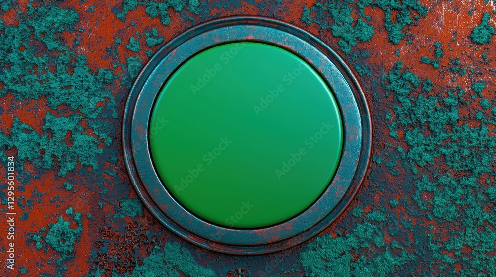 Poster green circular button on a rusty background with textured surface
