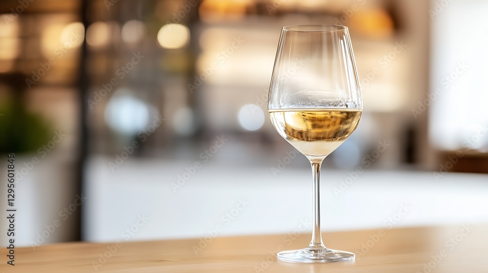 Poster elegant glass of white wine on a wooden table in a warm and inviting setting : generative ai