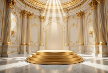A golden podium in the center of a grand hall with columns and shimmering lights