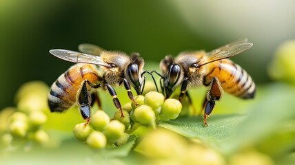 Three bees gather around a cluster of flower buds, showcasing their intricate features and the beauty of nature.