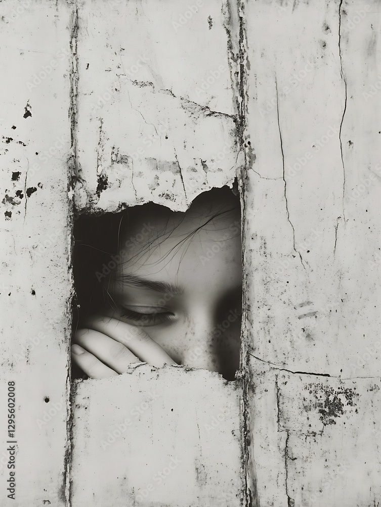 Aufkleber Artistic view of a person peeking through a worn wooden wall showing emotions of curiosity and introspection : Generative AI