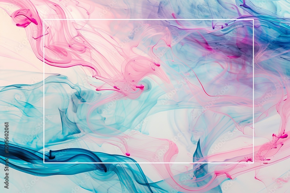 Poster colorful ink swirl in water with square frame and copy space, isolated on white background for banne