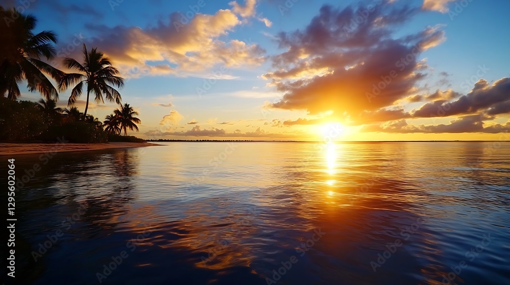 Poster breathtaking tropical sunset over calm waters with silhouetted palm trees creating a serene beach at