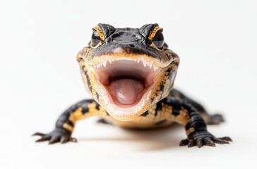 Obraz premium Close-Up of an Adorable Reptile with Open Mouth Capturing the Unique Features of a Colorful Lizard Against a Minimalistic Background