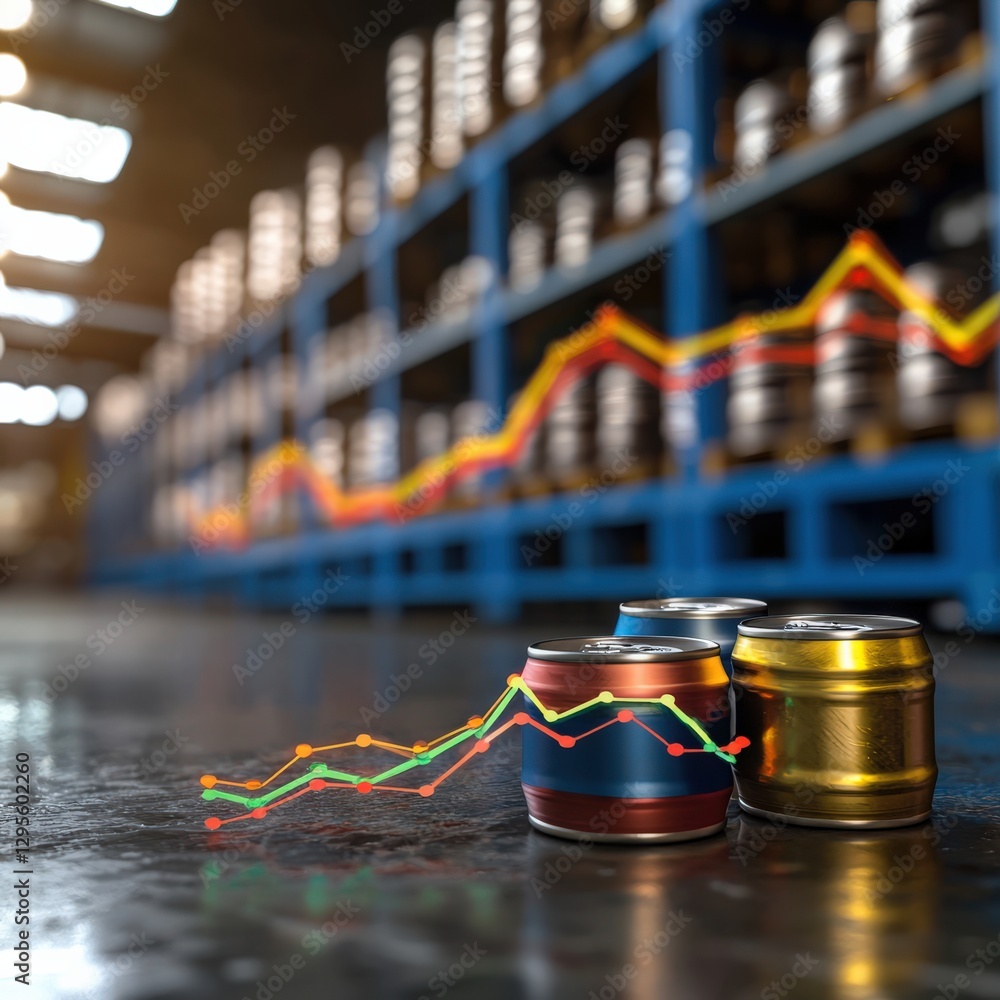 Poster a close-up view of colorful cans in a warehouse with data visualization graphics overlaying the floo
