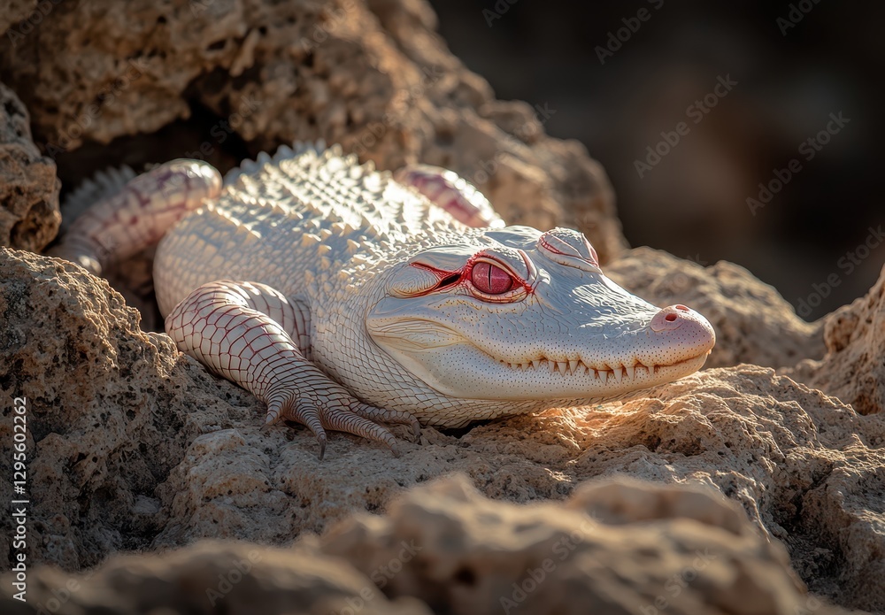 Aufkleber close-up of an albino crocodile resting on rocky surface with unique textures and natural lighting e