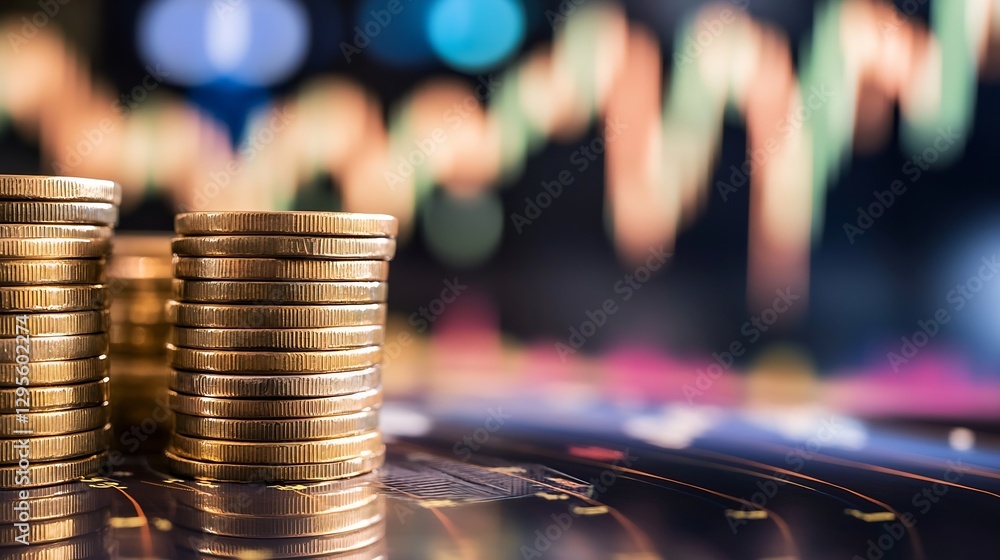 Poster stacks of coins on a blurred background with financial charts : generative ai
