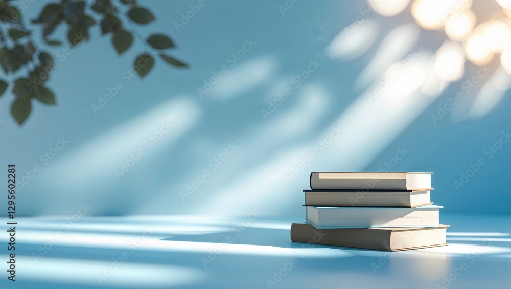 Poster stacked books in a serene setting with soft sunlight filtering through leaves