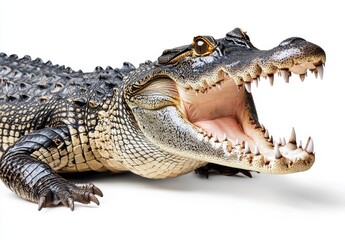 Obraz premium Close-up of an Alligator Displaying Teeth with Open Mouth Against a White Background Capturing Raw Power and Natural Beauty of a Reptile