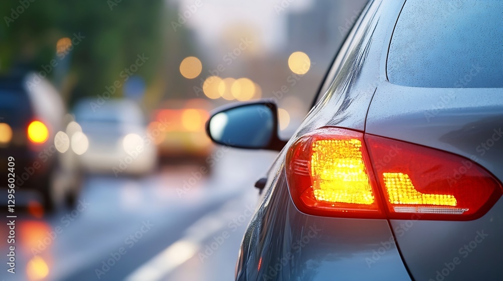 Poster closeup of car tail light illuminating wet road after rain with colorful bokeh in background : gener