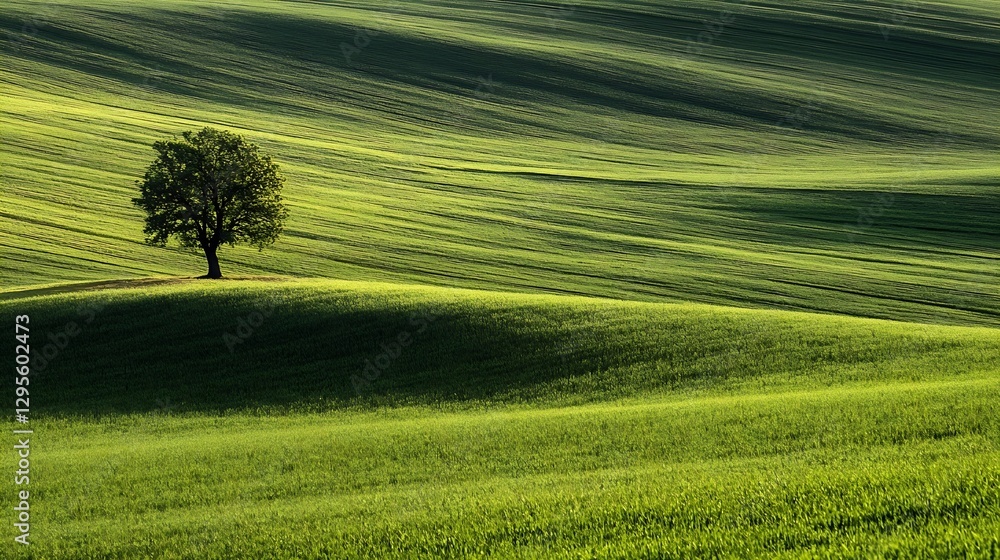 Poster lush green landscape with isolated tree under bright blue sky in tranquil countryside setting : gene