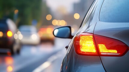 Closeup of Car Tail Light Illuminating Wet Road After Rain with Colorful Bokeh in Background : Generative AI
