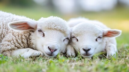 Fototapeta premium Two adorable sleeping lambs resting peacefully on green grass in a sunny meadow setting : Generative AI