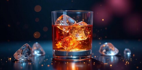 Sparkling liquor in crystal rocks glass, isolated, brandy, clear, pub