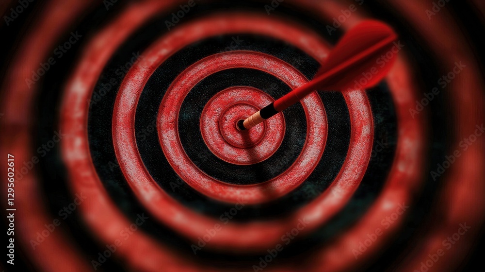 Poster focused dart arrow hitting center of red target circle design