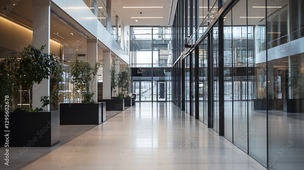 Poster A modern office building corridor filled with natural light and greenery creating a serene working environment : Generative AI