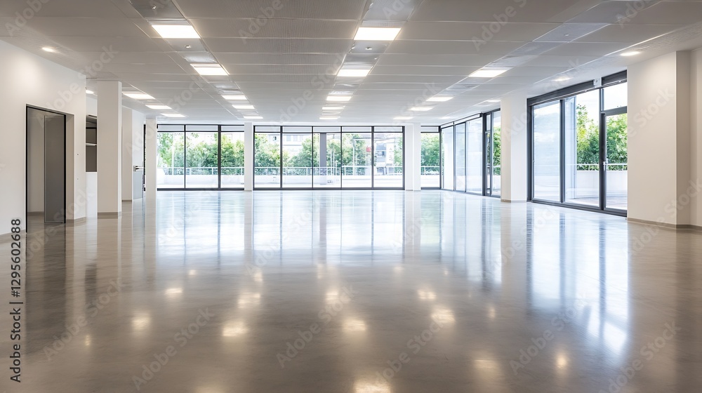 Aufkleber Bright and spacious empty office space with large windows and polished concrete floors : Generative AI