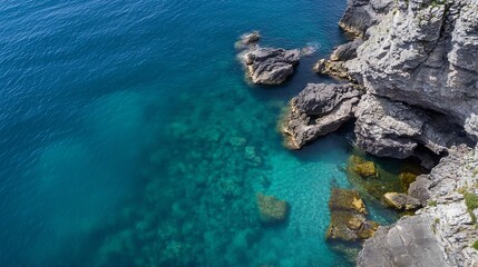 Aerial View of Clear Turquoise Water and Jagged Rocky Shoreline in Bright Sunlight : Generative AI