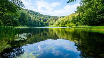 A Serene Landscape Featuring a Reflective Lake Surrounded by Lush Green Trees and Blue Sky : Generative AI