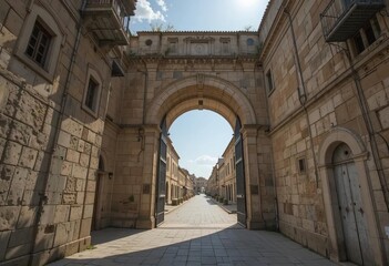Naklejka premium A courtyard with a beautiful old house surrounded by plants, arches, and columns in Milan, Italy