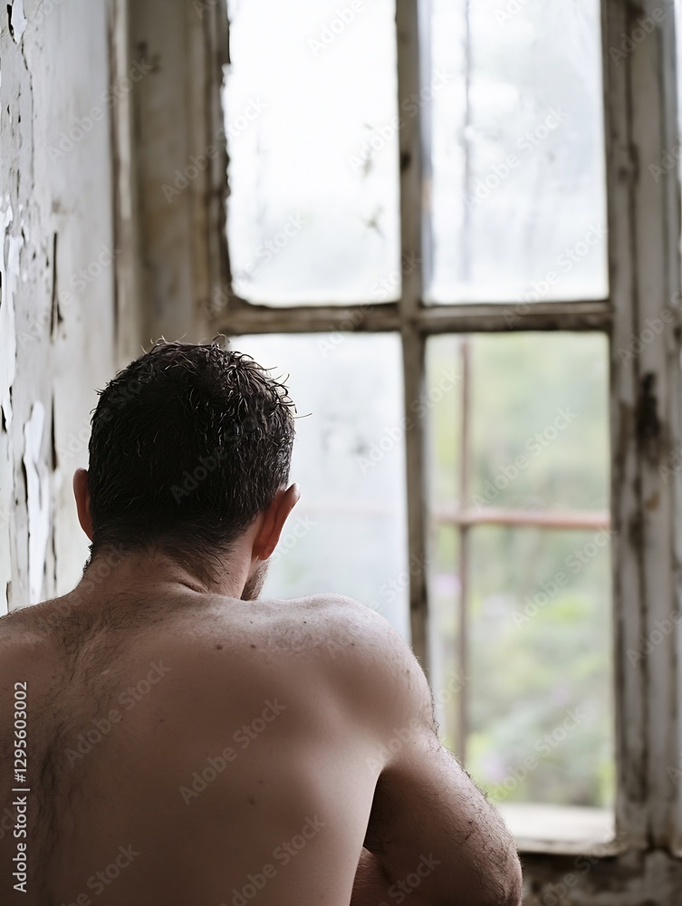 Poster A Man Sitting in Contemplation by an Old Window with a Rustic View : Generative AI