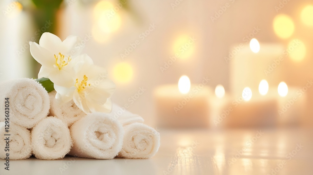 Poster relaxing spa atmosphere with flowers towels and soft candles in a blurred background for self care :