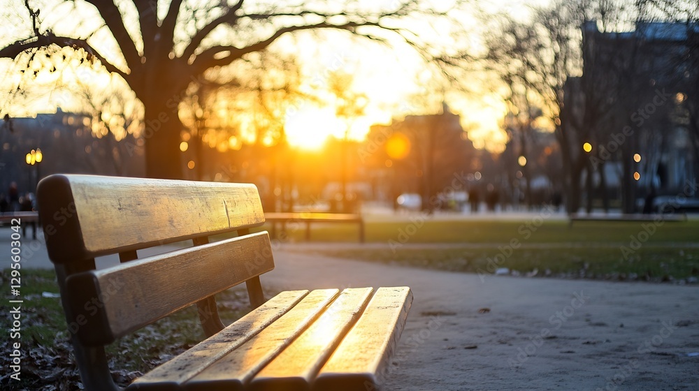 Poster quiet park bench at sunset with golden light creating a serene atmosphere for relaxation : generativ