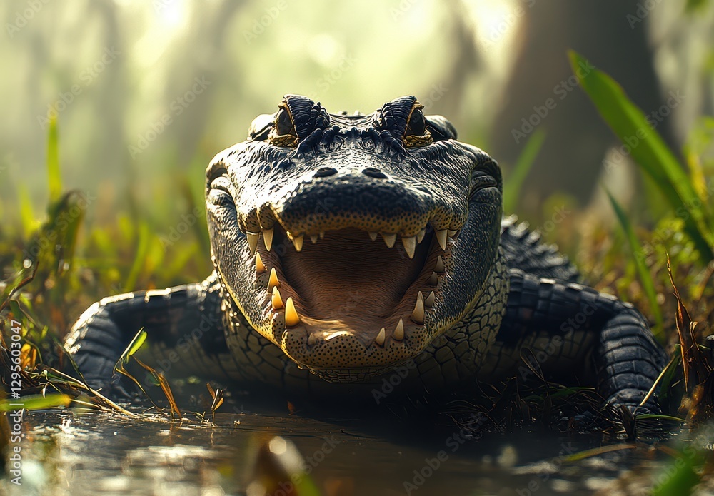 Poster close-up of an alligator in a lush swamp with open mouth and sharp teeth surrounded by green grass a