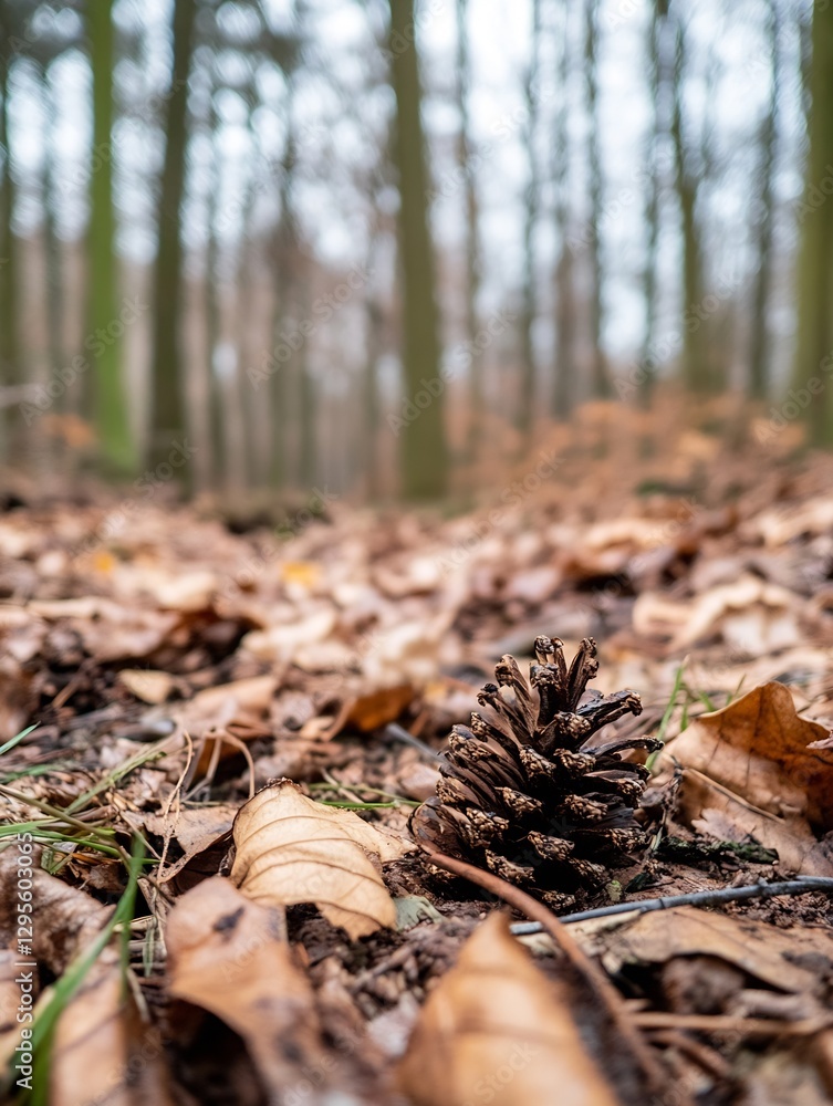 Poster focus on a pine cone resting on the forest floor amidst dried leaves and greenery : generative ai