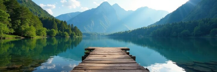 Obraz premium Old wooden pier on tranquil lake; lush forest and majestic peaks, still, visual, trees