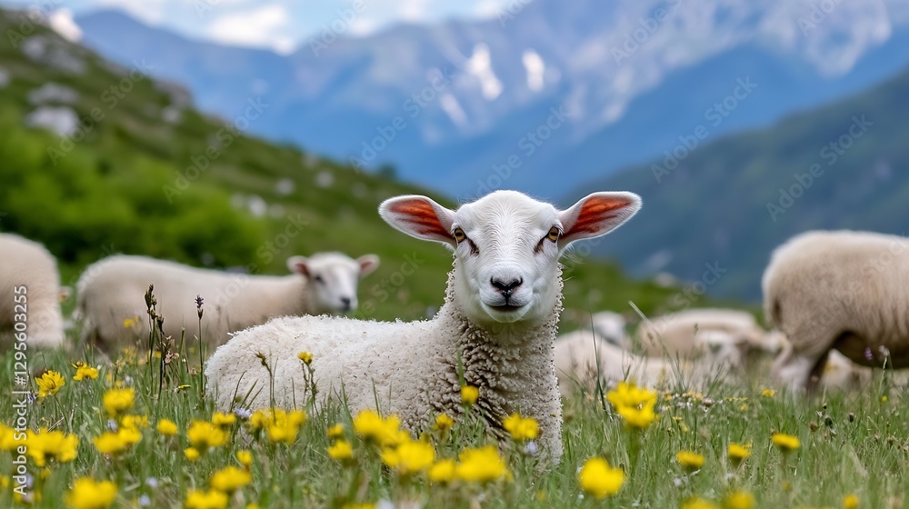 Poster Fluffy Sheep in a Meadow of Colorful Flowers with Snowy Mountains in Background : Generative AI
