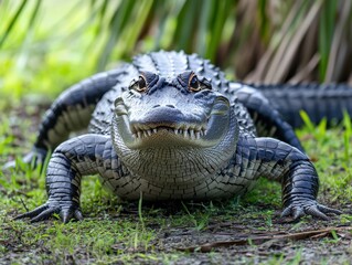 Fototapeta premium Close-Up of an Alligator Lying on Grass Surrounded by Lush Greenery, Showcasing Its Unique Texture and Expression in Natural Habitat