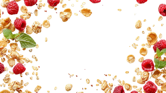 Raspberries, granola and mint leaves falling on transparent background