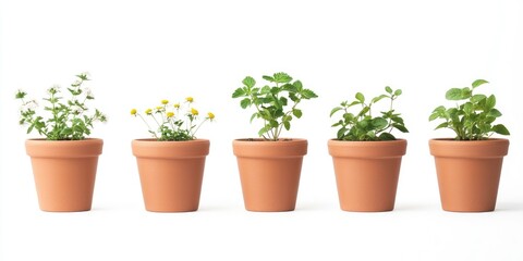Fototapeta premium A row of five potted plants are lined up on a white background
