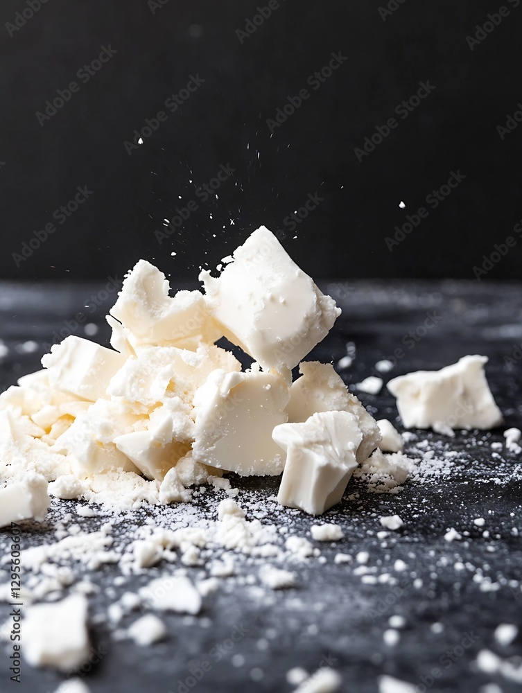 Poster scattered cubes of white soap on a dark surface with dramatic lighting creating a stunning visual im
