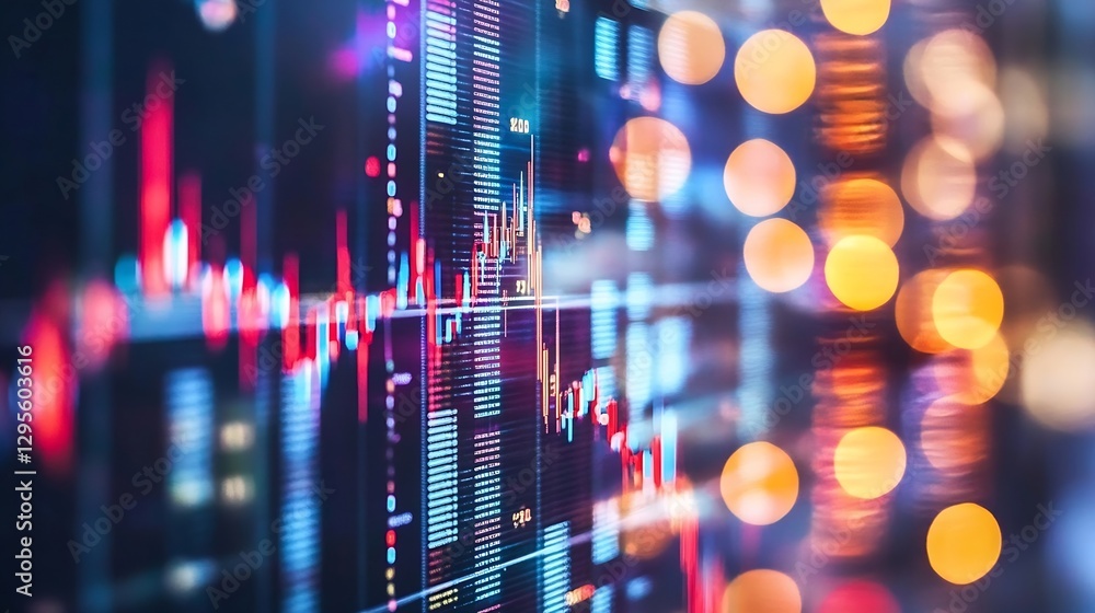 Poster vibrant financial market data visualizations with colorful lights showcasing trading trends and indi