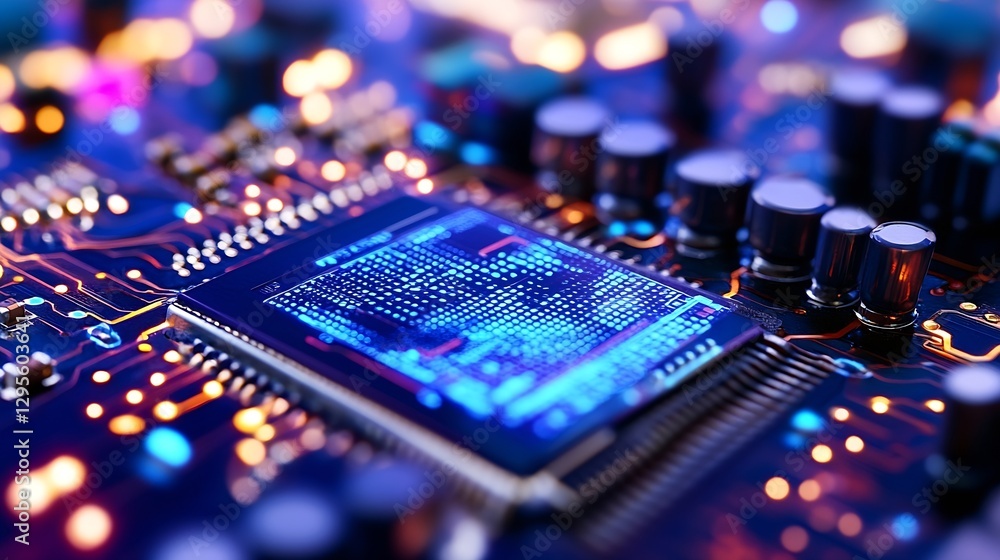 Poster dramatic close-up of circuit board with vibrant colors showcasing advanced technology and artistry :