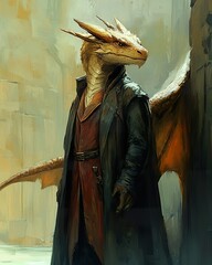 Dragon Man In Elegant Coat Stands In City Alley